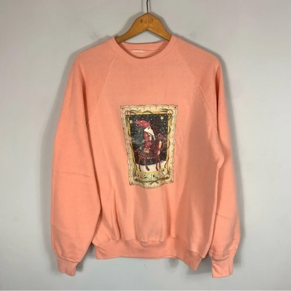 Vintage Pink Peach Christmas Crewneck Sweatshirt Sweater Printed Santa